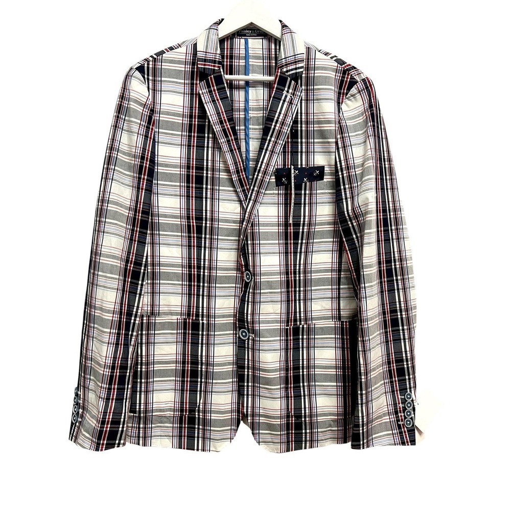 Paisley & Gray Blazer Men's 40R Navy White Red Plaid Slim Fit Preppy Sartorial
